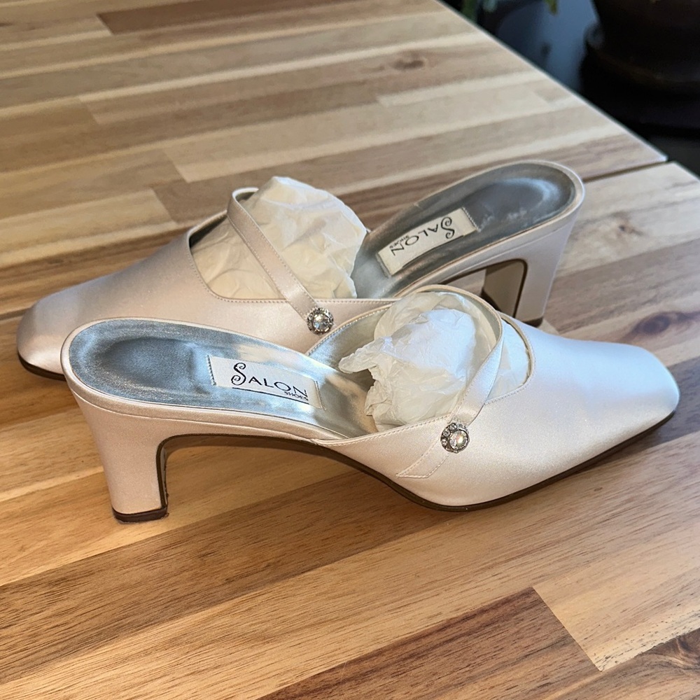 Wedding: SALON White Silk Heels with Rhinestone Strap Detail